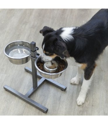 Soporte regulable con comederos de acero inoxidable