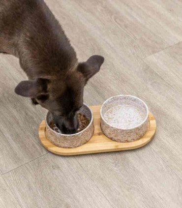 Set de comederos en cerámica y bambú para mascotas