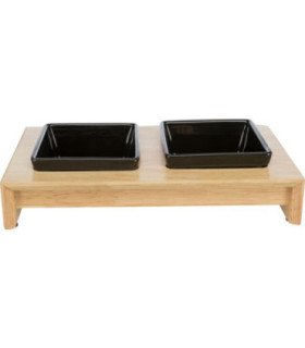 Elegante set de comederos con soporte de madera y cerámica