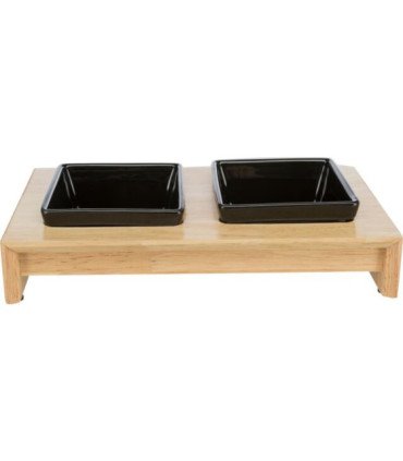 Elegante set de comederos con soporte de madera y cerámica