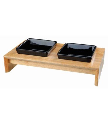 Elegante set de comederos con soporte de madera y cerámica