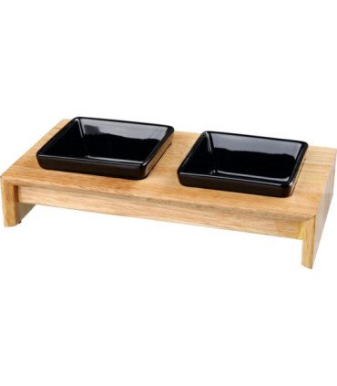 Elegante set de comederos con soporte de madera y cerámica