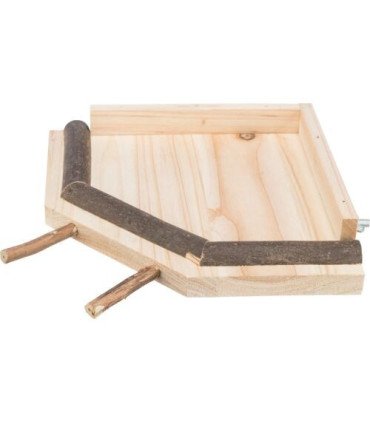 Área de posarse de madera con accesorios y perchas