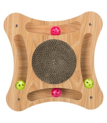 Tabla rascadora con marco de madera y pelotas