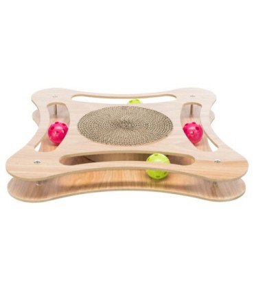 Tabla rascadora con marco de madera y pelotas