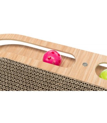 Tabla rascadora en madera con pelotas de juguete