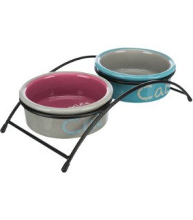 Comederos cerámicos con soporte metálico y diseño colorido