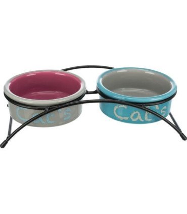 Comederos cerámicos con soporte metálico y diseño colorido